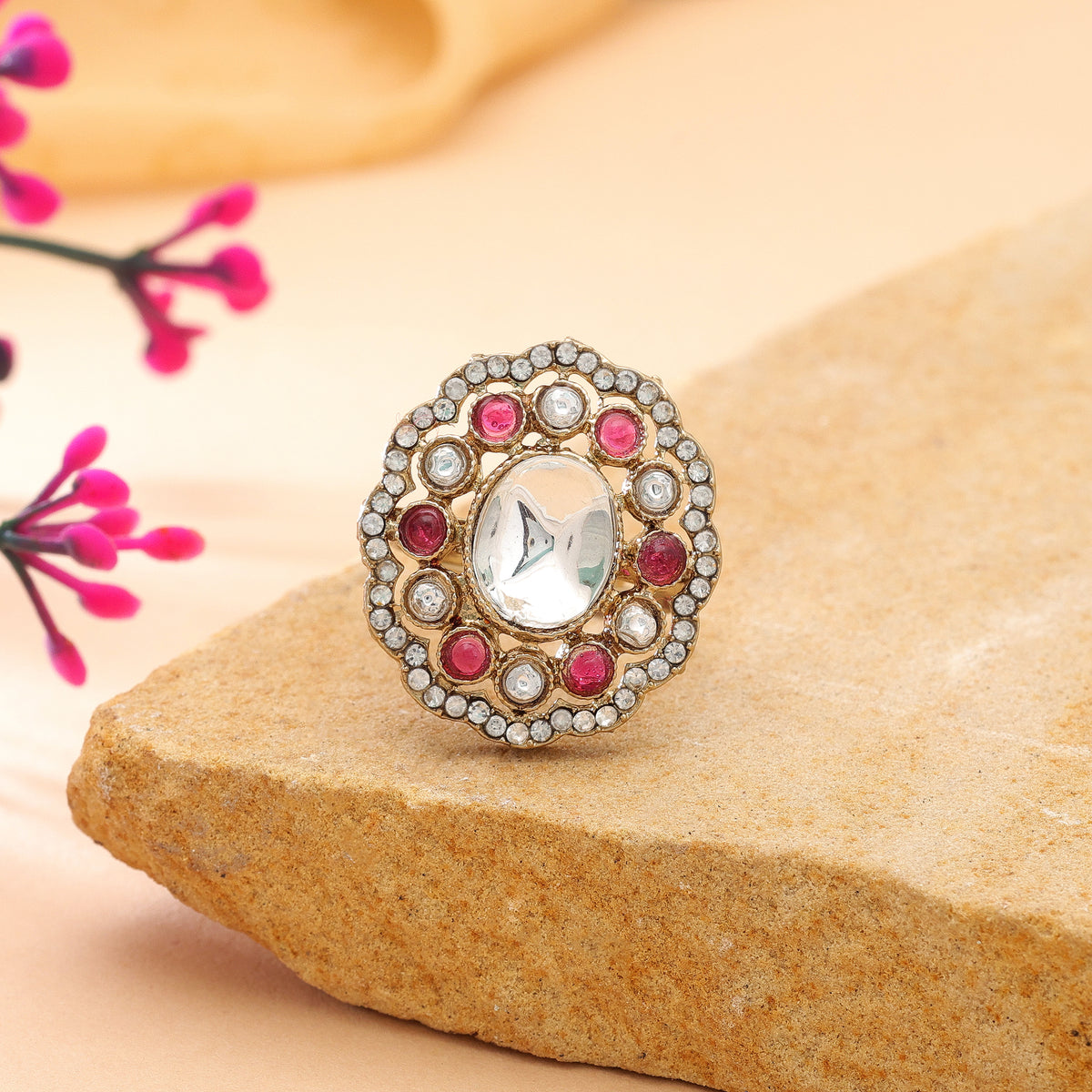 Red Color Kundan Ring with Premium Traditional Fashion Appeal