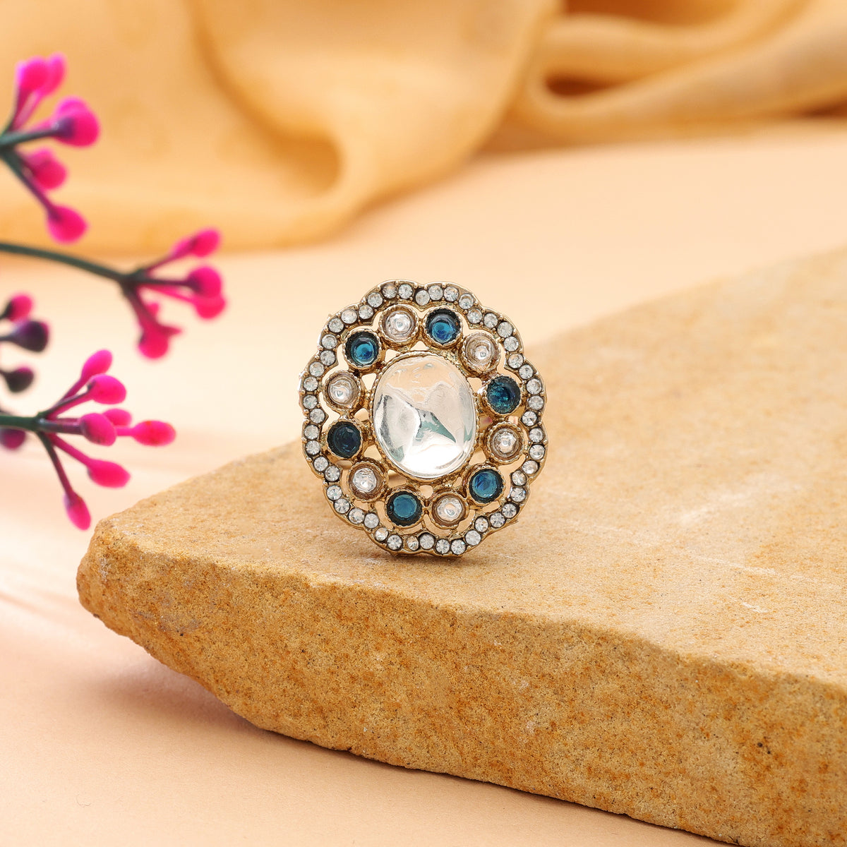 Teal Blue Color Kundan Ring Featuring Beautiful Traditional Jewelry Style
