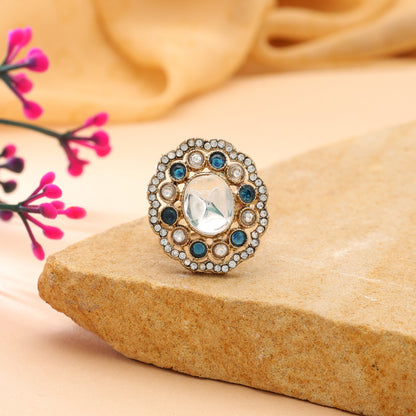 Teal Blue Color Kundan Ring Featuring Beautiful Traditional Jewelry Style
