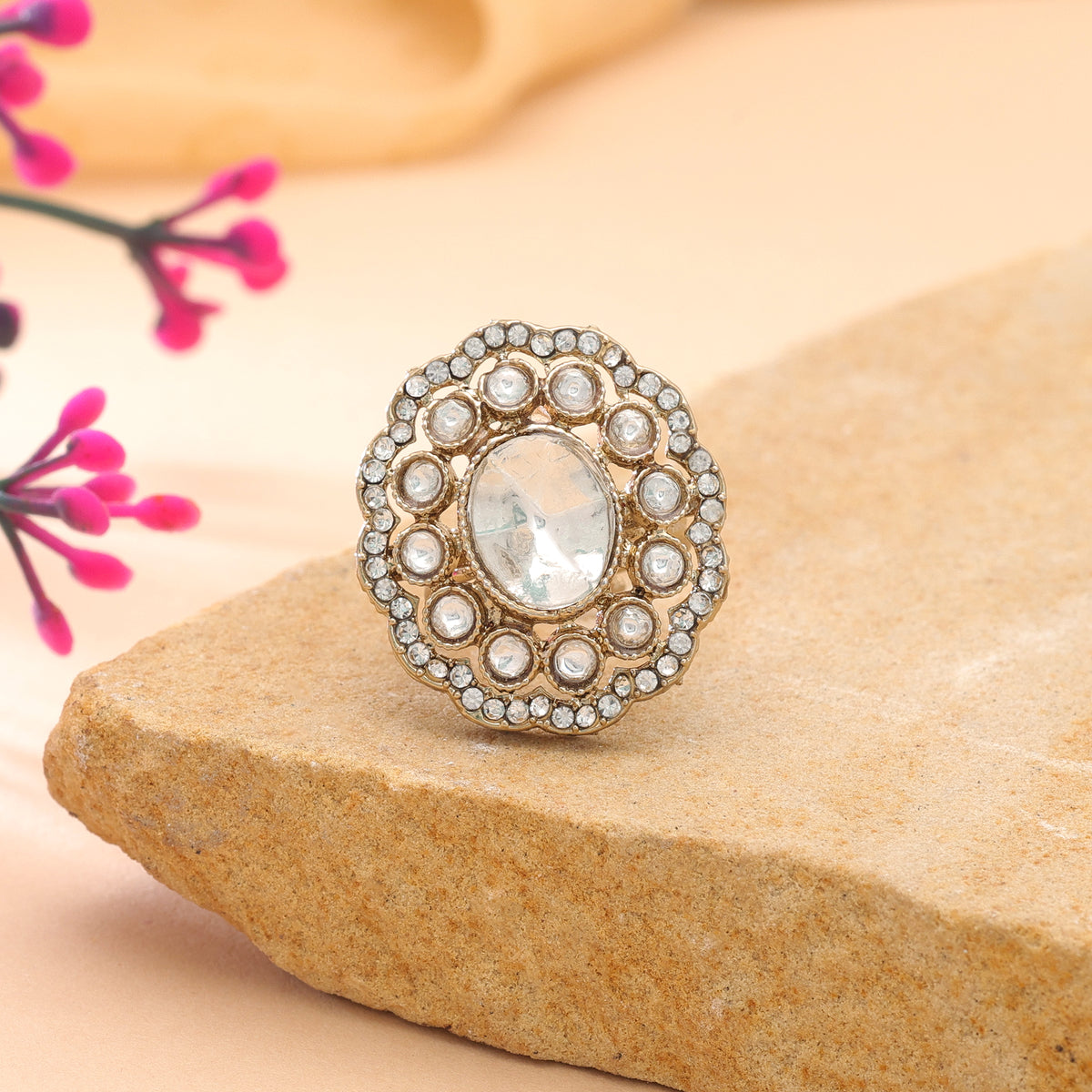 White Color Kundan Ring Featuring Elegant Festive Designer Jewelry Style