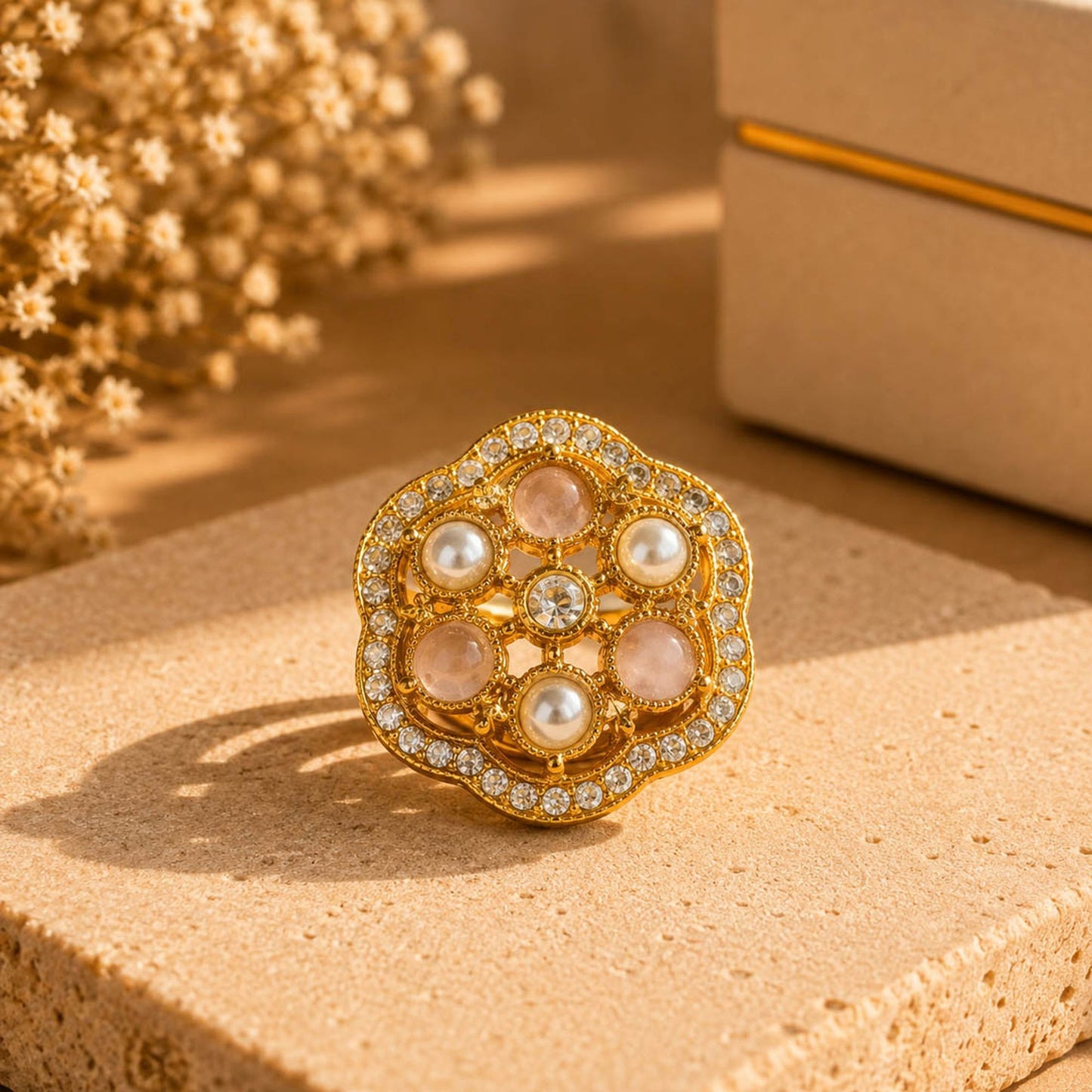 Champagne Pink Color Kundan Ring Featuring Elegant Handmade Designer Style