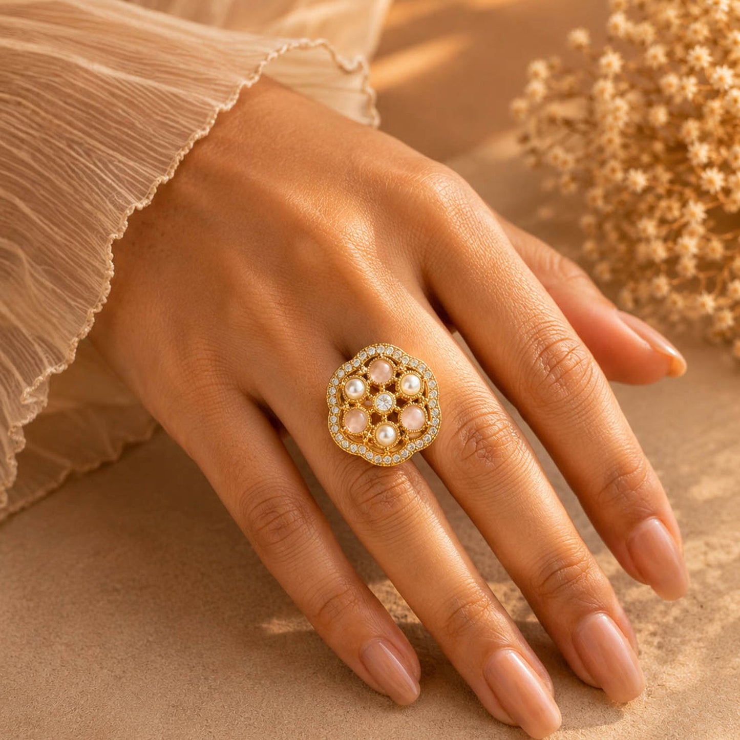 Champagne Pink Color Kundan Ring Featuring Elegant Handmade Designer Style