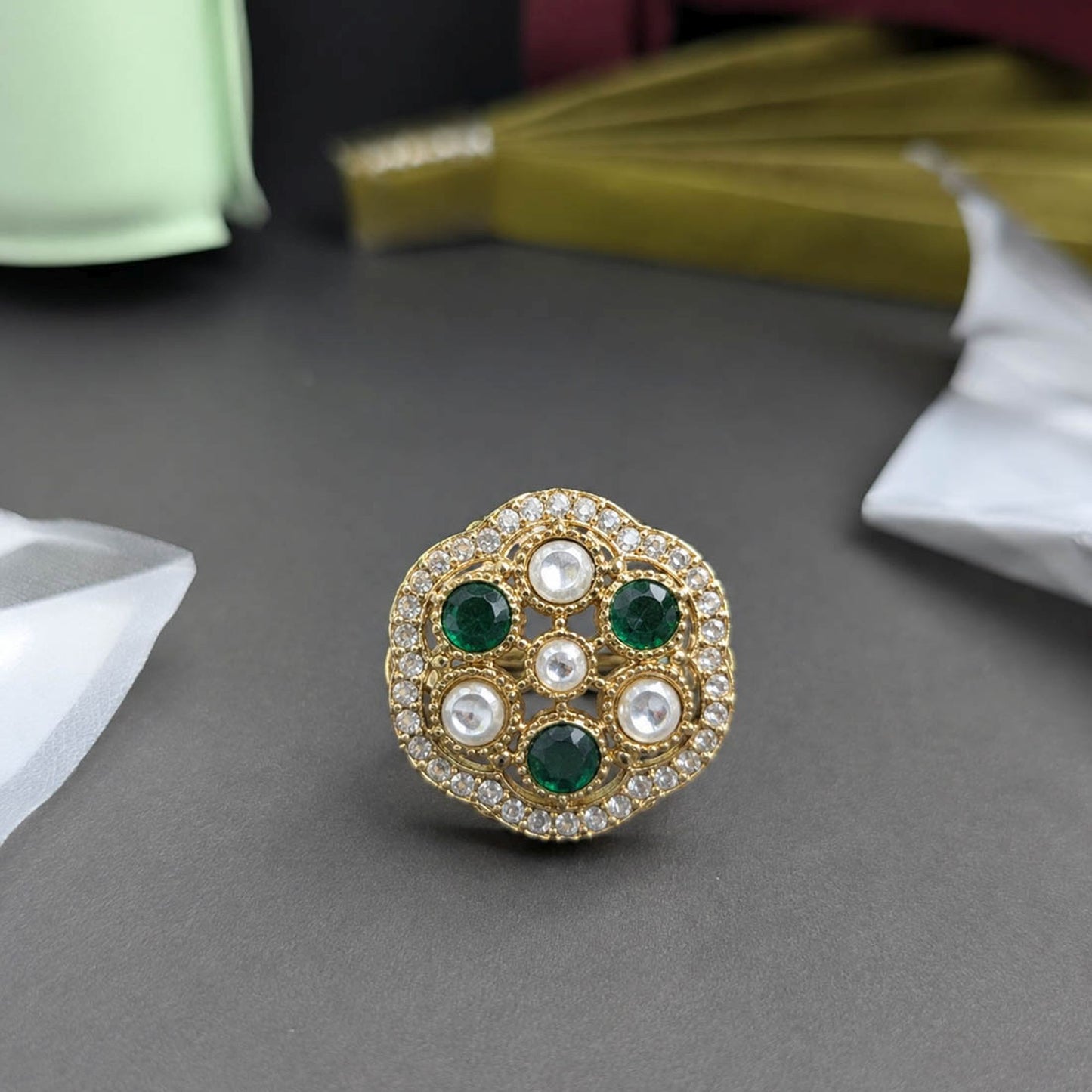 Green Color Kundan Ring with Elegant Designer Fashion Appeal