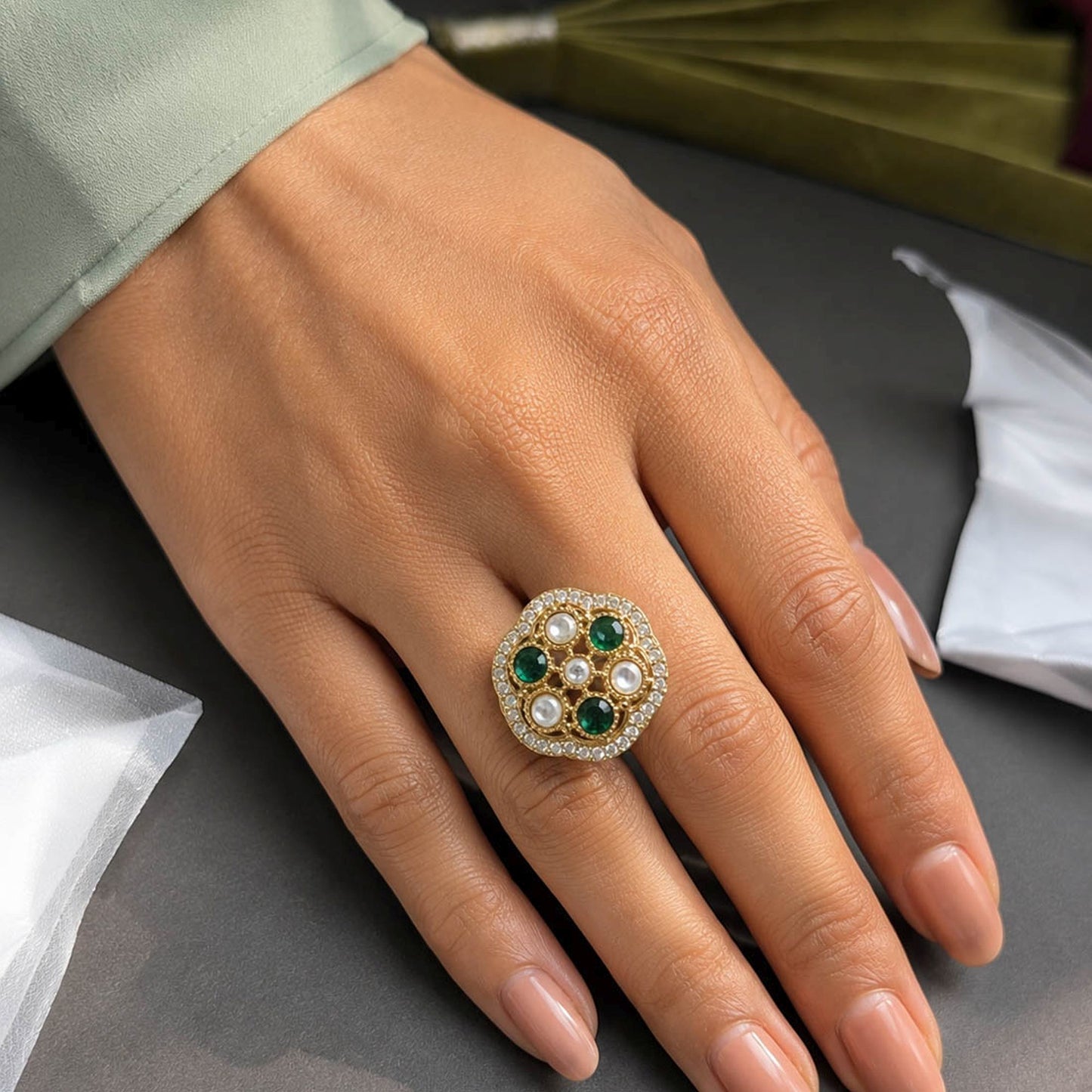 Green Color Kundan Ring with Elegant Designer Fashion Appeal