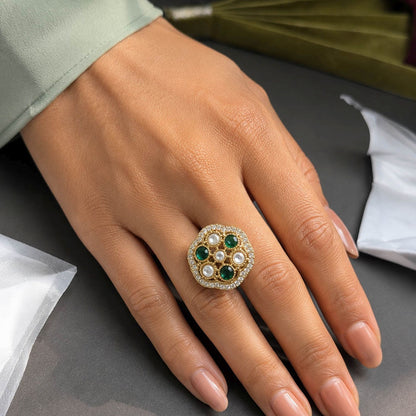 Green Color Kundan Ring with Elegant Designer Fashion Appeal