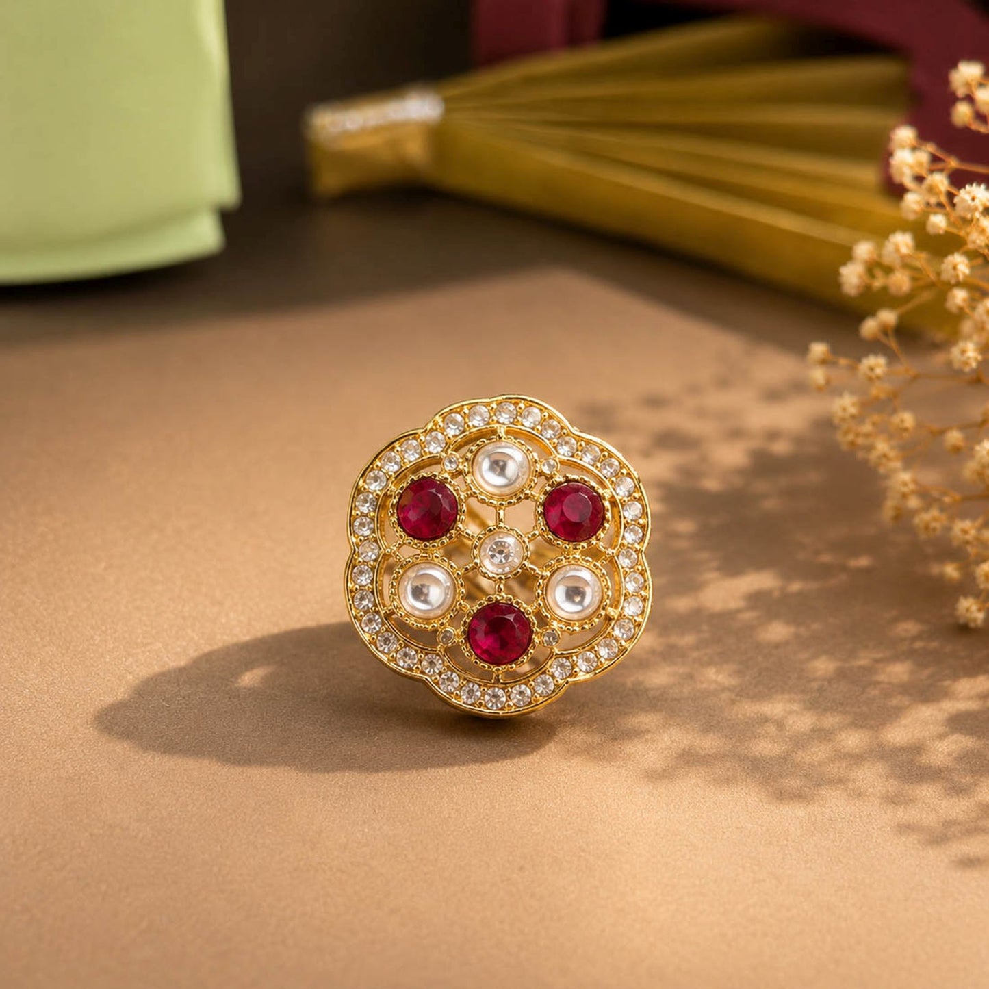 Red Color Kundan Ring Featuring Beautiful Festive Traditional Jewelry Style