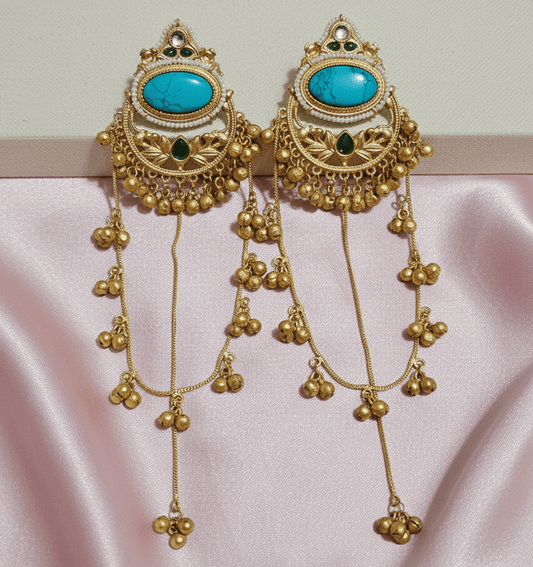 Aqua Green Color Premium Bridal Style Long Kashmiri Earrings For Wedding Occasions