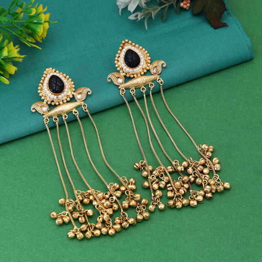 Black Color Gorgeous Antique Finish Long Kasmiri Earrings For Ethnic Attire