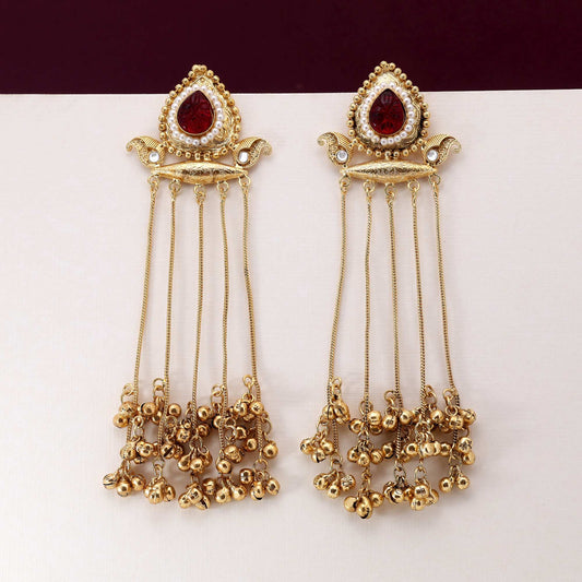Maroon Color Elegant Traditional Long Kasmiri Earrings For Festive And Party Wear