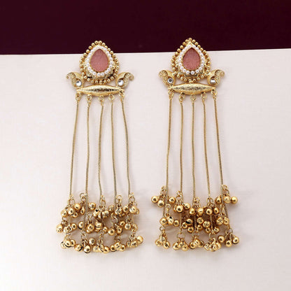 Pink Color Beautiful Designer Long Kashmiri Earrings For Wedding And Traditional Look
