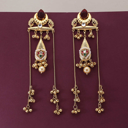 Maroon Color Classic Ethnic Design Long Kasmiri Earrings For Party And Event Wear