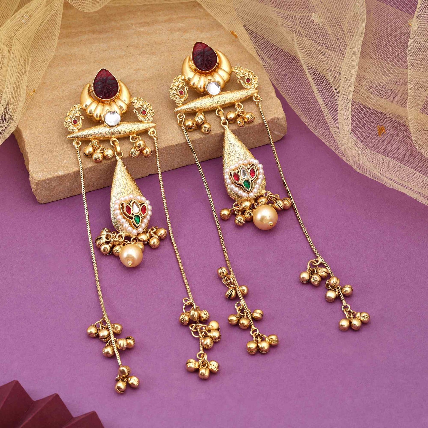 Maroon Color Classic Ethnic Design Long Kashmiri Earrings For Party And Event Wear