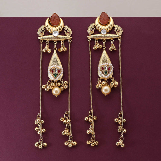 Orange Color Traditional Bridal Look Long Kasmiri Earrings For Festive Celebrations