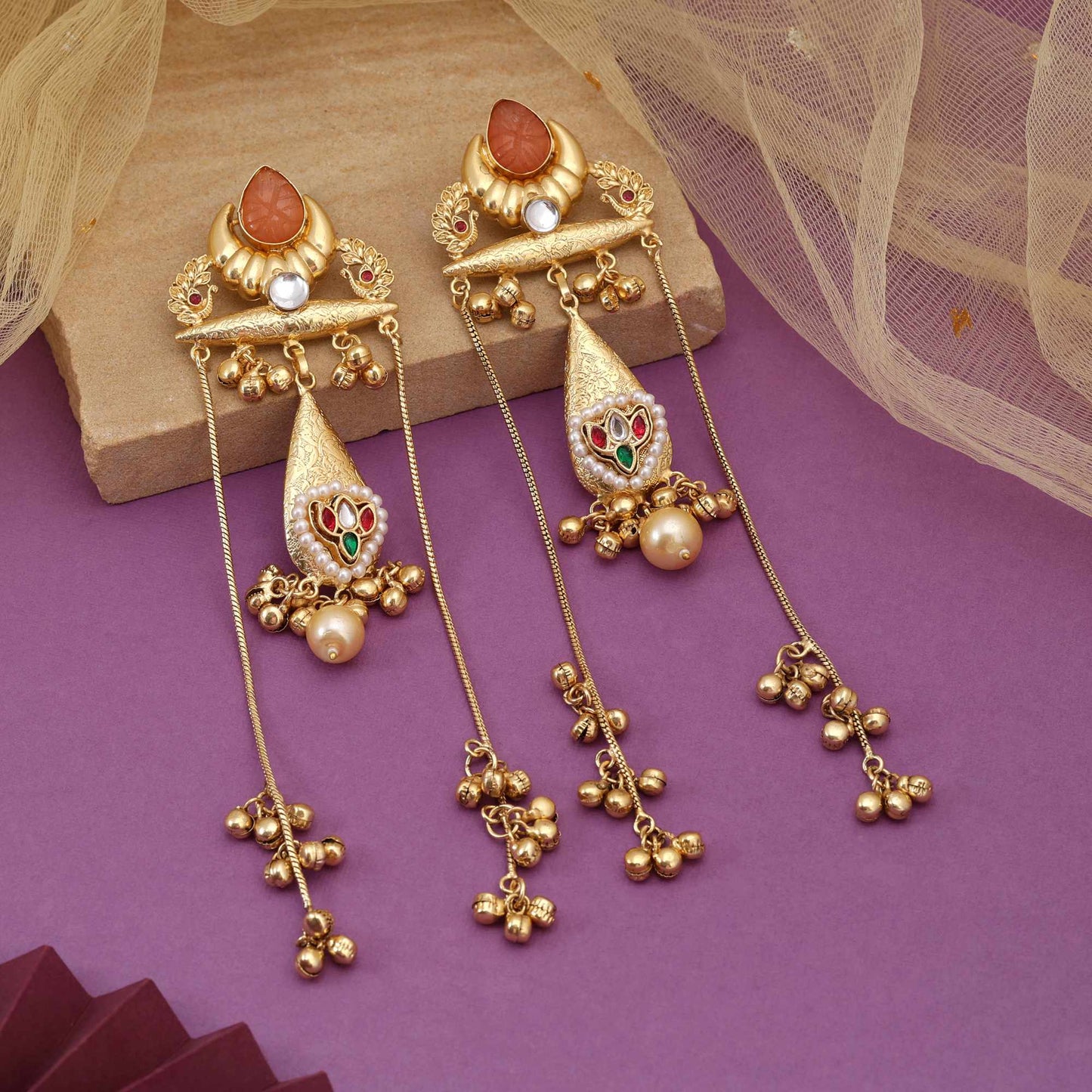 Orange Color Traditional Bridal Look Long Kashmiri Earrings For Festive Celebrations