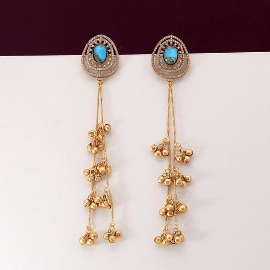 Firozi Color Stunning Handmade Long Kasmiri Earrings For Elegant Ethnic Fashion