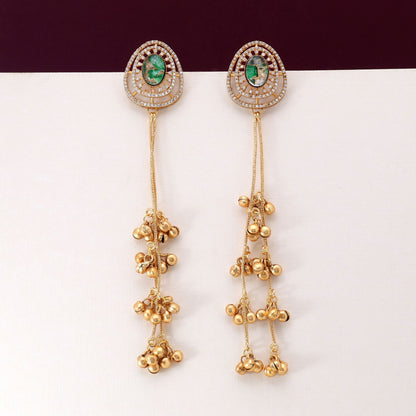Green Color Antique Style Long Kashmiri Earrings For Traditional And Ethnic Functions