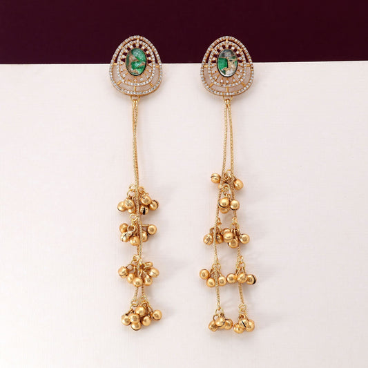 Green Color Antique Style Long Kasmiri Earrings For Traditional And Ethnic Functions