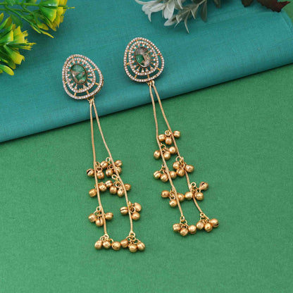 Green Color Antique Style Long Kashmiri Earrings For Traditional And Ethnic Functions