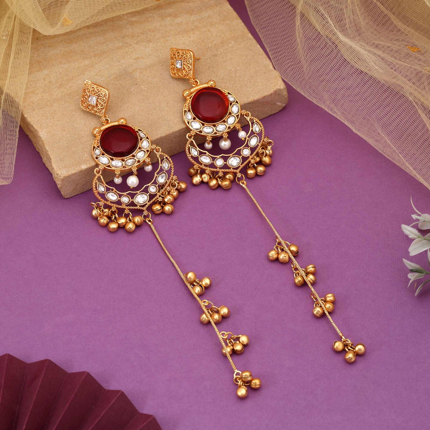 Maroon Color Antique Polish Long Kashmiri Earrings For Weddings And Celebrations