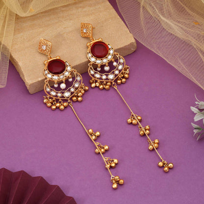 Maroon Color Antique Polish Long Kashmiri Earrings For Weddings And Celebrations