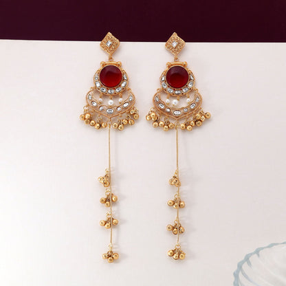 Maroon Color Antique Polish Long Kashmiri Earrings For Weddings And Celebrations