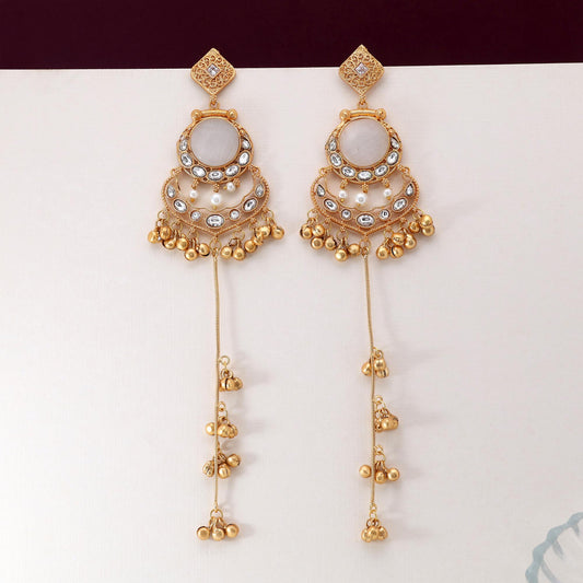 White Color Delicate Traditional Long Kasmiri Earrings For Brides And Women