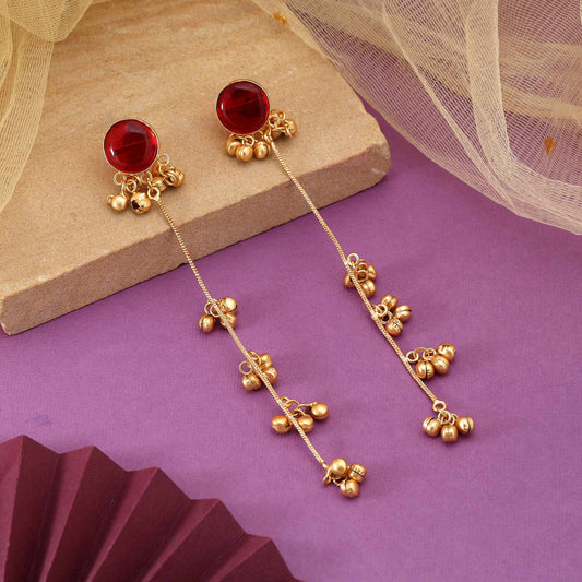 Red Color Beautifully Crafted Ethnic Long Kasmiri Earrings For Wedding Celebrations