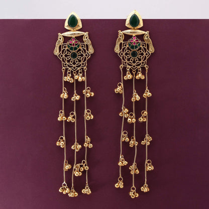 Green Color Royal Antique Finish Long Kashmiri Earrings For Elegant Dressing