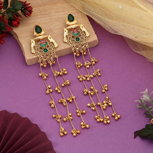 Green Color Royal Antique Finish Long Kasmiri Earrings For Elegant Dressing