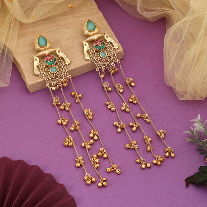 Pista Green Color Stylish Ethnic Long Kashmiri Earrings For Occasions And Parties