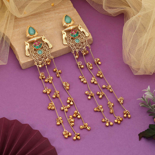 Pista Green Color Stylish Ethnic Long Kasmiri Earrings For Occasions And Parties