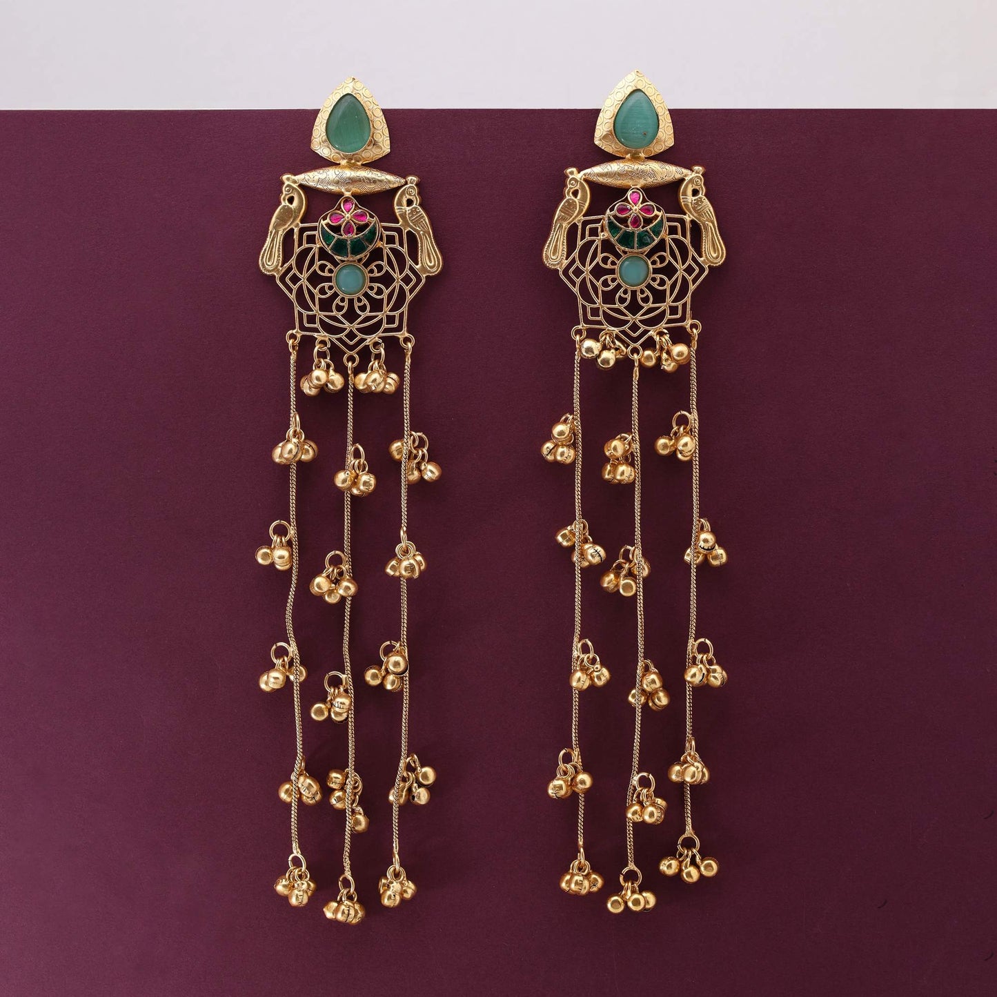 Pista Green Color Stylish Ethnic Long Kashmiri Earrings For Occasions And Parties