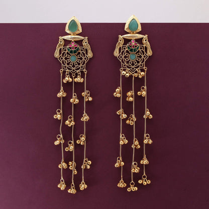 Pista Green Color Stylish Ethnic Long Kashmiri Earrings For Occasions And Parties
