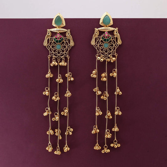 Pista Green Color Stylish Ethnic Long Kasmiri Earrings For Occasions And Parties