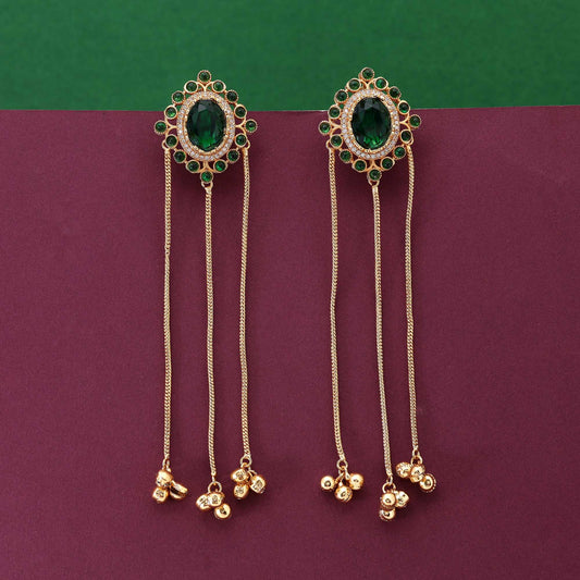 Green Color Classy Handcrafted Long Kasmiri Earrings For Festivals And Events
