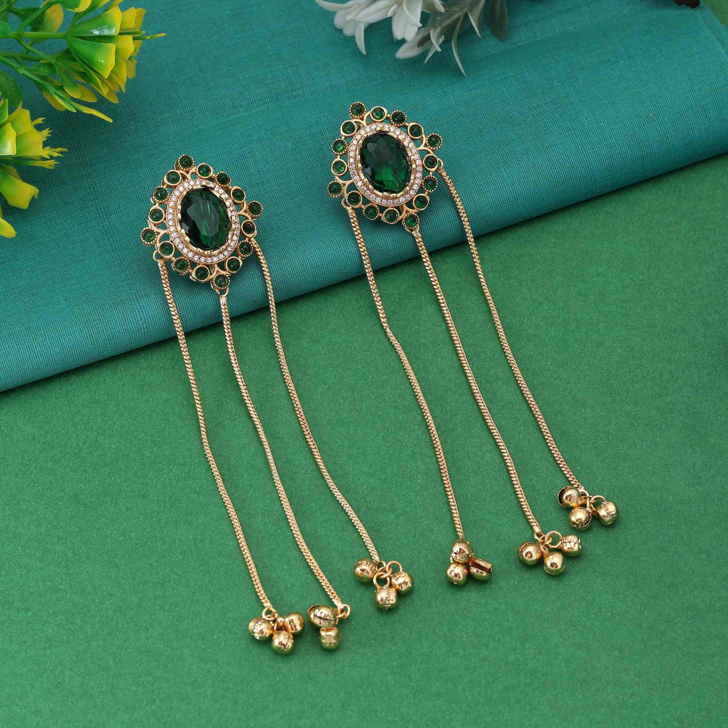 Green Color Classy Handcrafted Long Kashmiri Earrings For Festivals And Events
