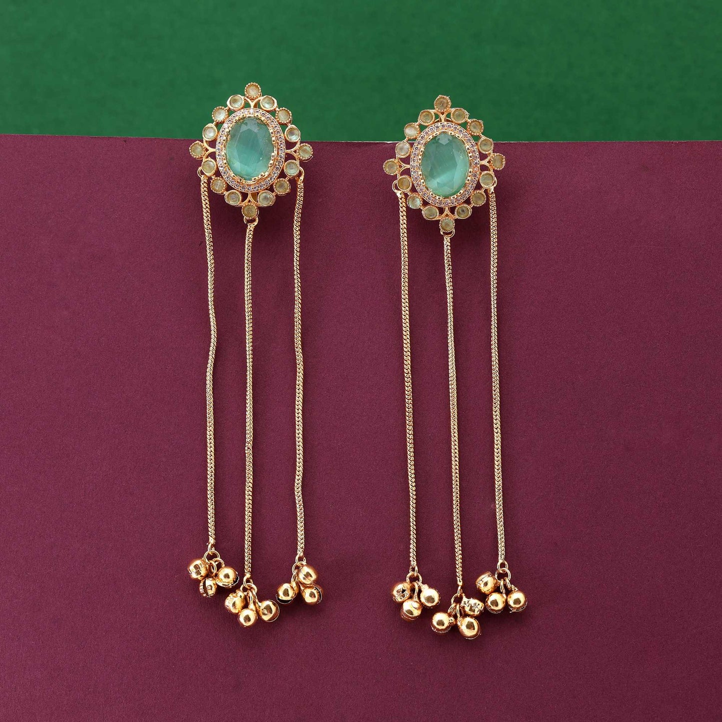 Pista Green Color Elegant Designer Long Kashmiri Earrings For Traditional Outfits