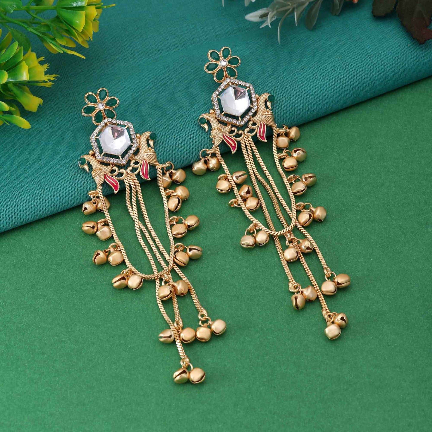 Green Color Stunning Antique Design Long Kashmiri Earrings For Party And Festive Use