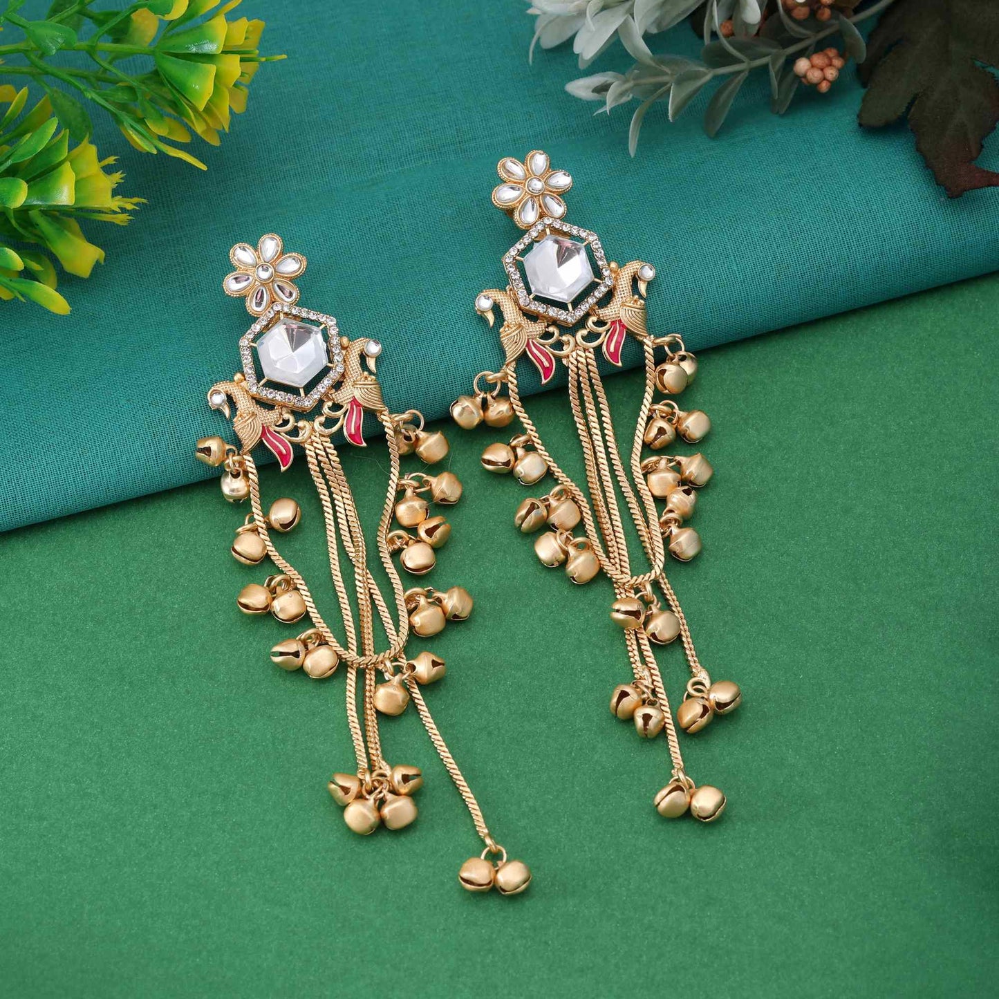 White Color Elegant Bridal Finish Long Kashmiri Earrings For Grand Celebrations