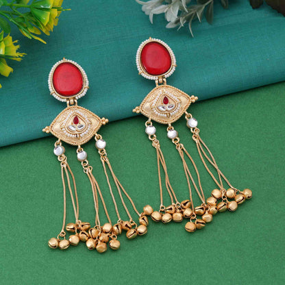 Red Color Eye-Catching Ethnic Long Kashmiri Earrings For Wedding And Party Outfits