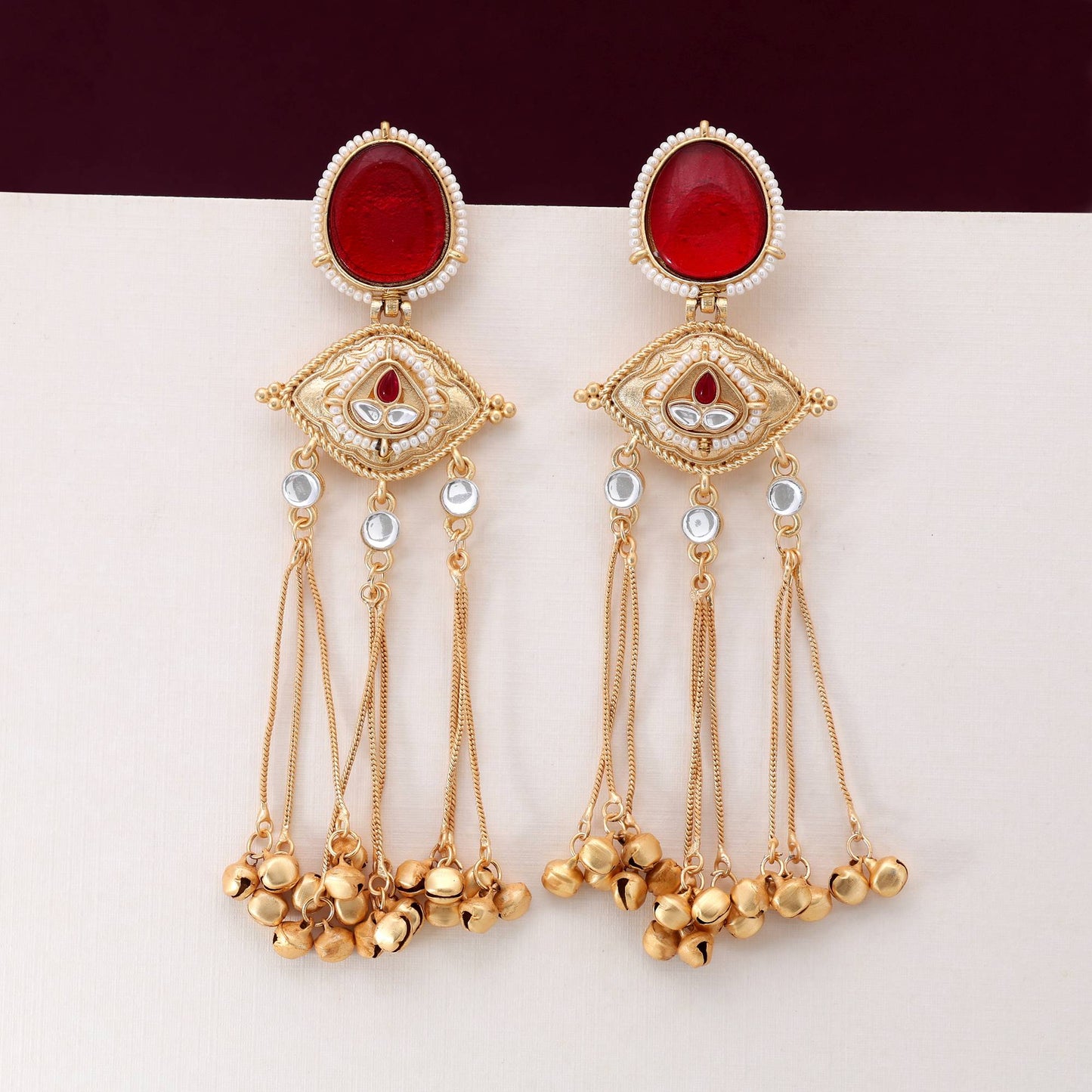 Red Color Eye-Catching Ethnic Long Kashmiri Earrings For Wedding And Party Outfits
