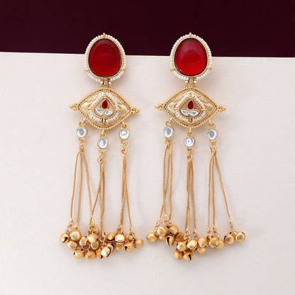 Red Color Eye-Catching Ethnic Long Kashmiri Earrings For Wedding And Party Outfits