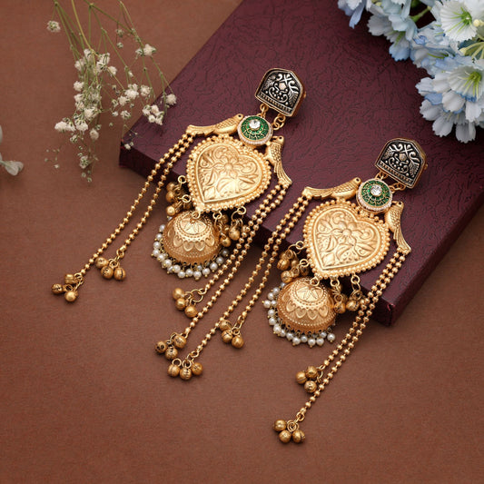 Gold Color Long Kasmiri Earrings Crafted With Elegant Detailing For Timeless Festive Beauty