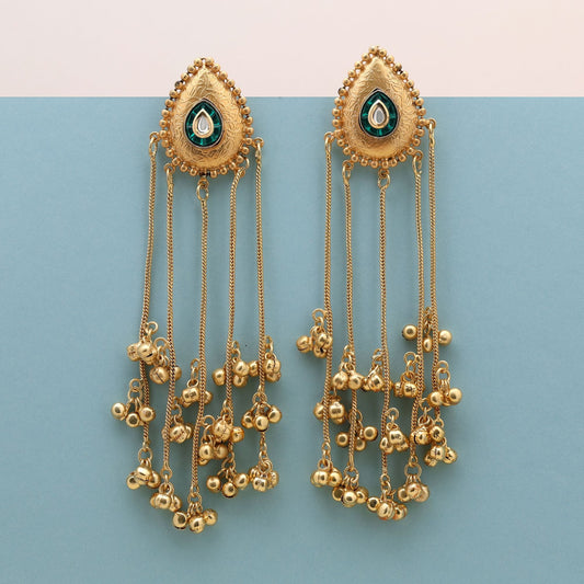 Green Color Long Kasmiri Earrings Designed To Enhance Traditional Outfits With Graceful Charm