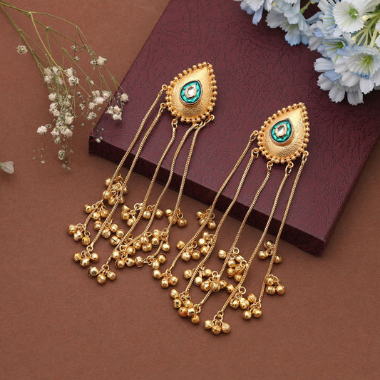 Green Color Long Kasmiri Earrings Designed To Enhance Traditional Outfits With Graceful Charm