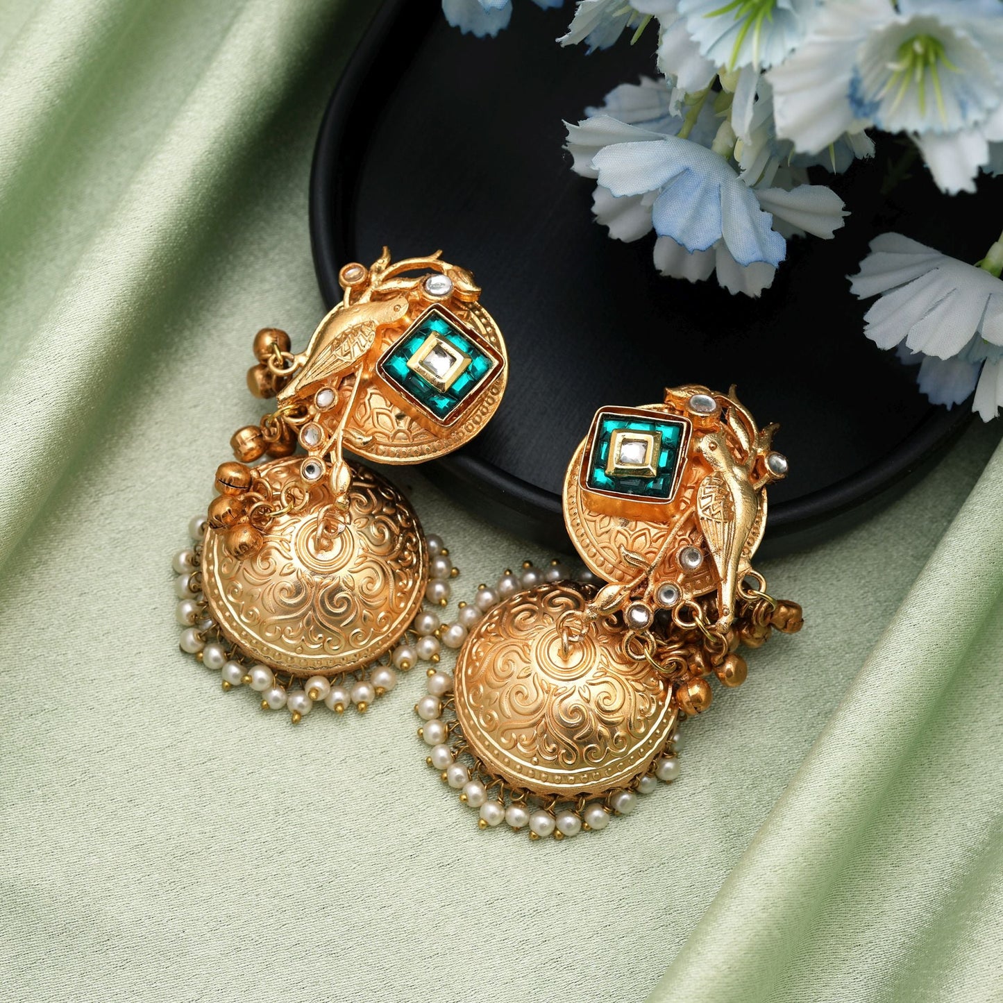 Green Color Long Kasmiri Earrings Featuring Classic Jhumka Design For Stunning Ethnic Appeal