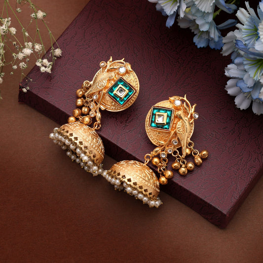 Green Color Long Kasmiri Earrings Featuring Classic Jhumka Design For Stunning Ethnic Appeal