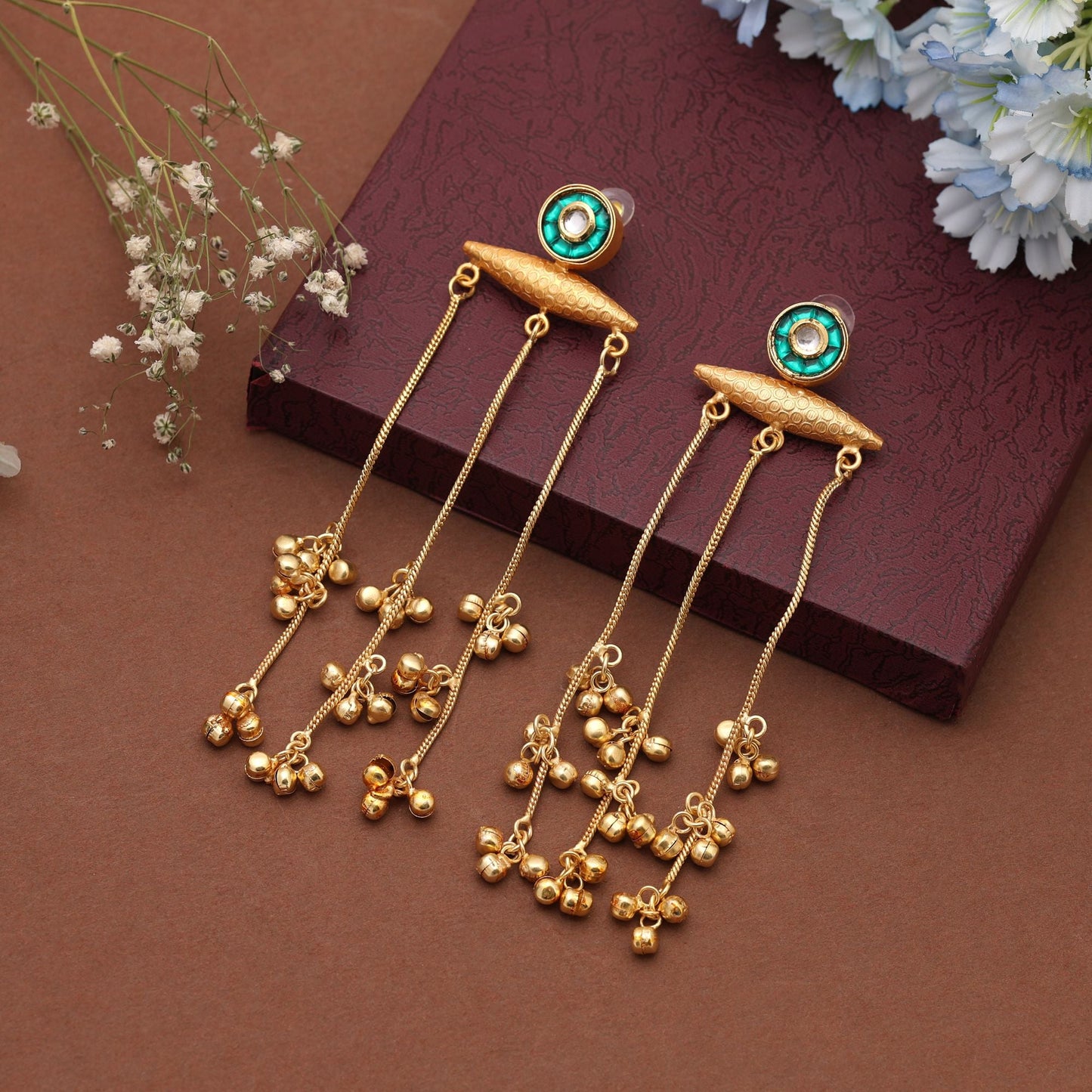 Green Color Long Kasmiri Earrings Crafted To Elevate Festive Attire With Intricate Traditional Artistry