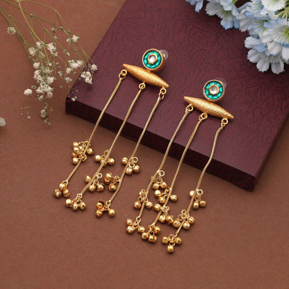 Green Color Long Kasmiri Earrings Crafted To Elevate Festive Attire With Intricate Traditional Artistry