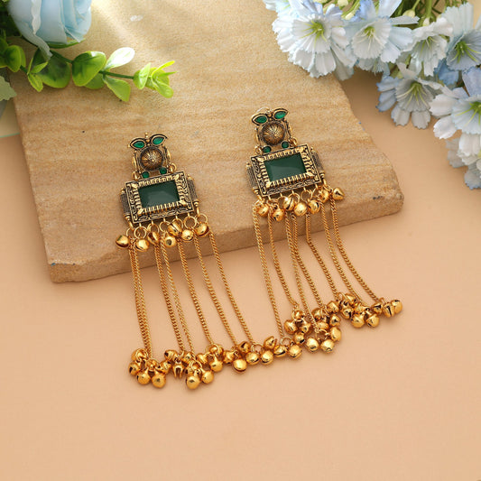 Green Color Traditional Ethnic Long Kasmiri Earrings With Royal Festive Jewelry Style